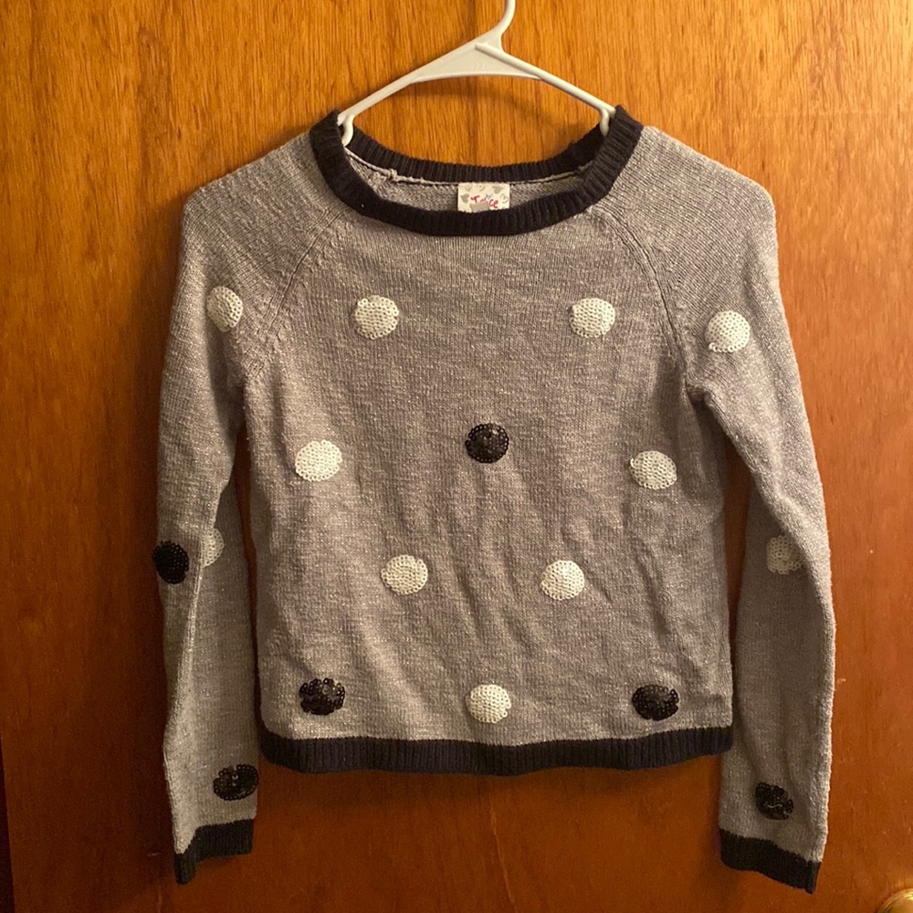 Justice Girl's White & Black Polka Dot Sequin Grey & Black Sweater